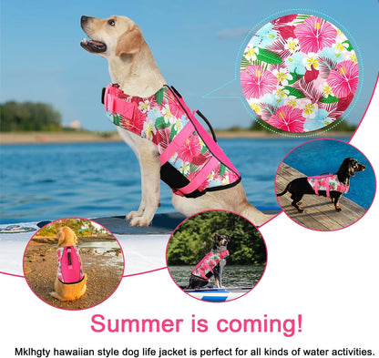 Mklhgty high flotation pet jacket worn by a dog swimming safely in a pool.