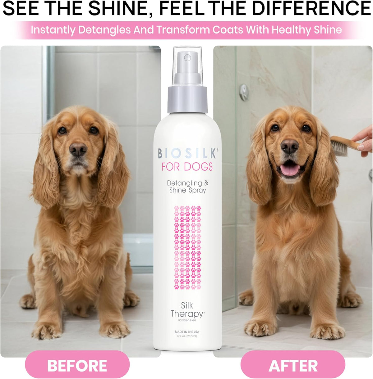 Eight fluid ounces bottle of authentic BioSilk detangling spray for dogs.