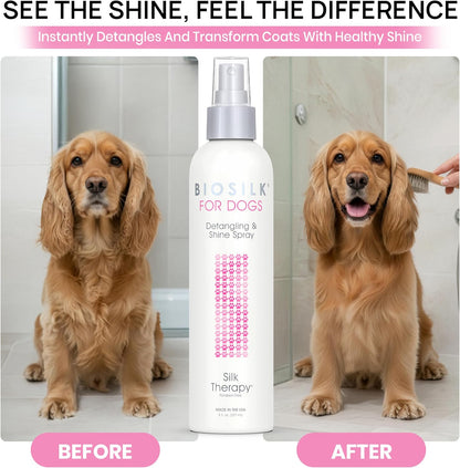 Eight fluid ounces bottle of authentic BioSilk detangling spray for dogs.