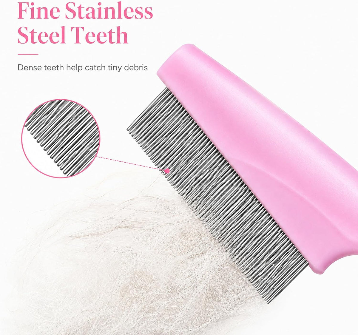 Close up of pink generic flea tick and lice remover comb.