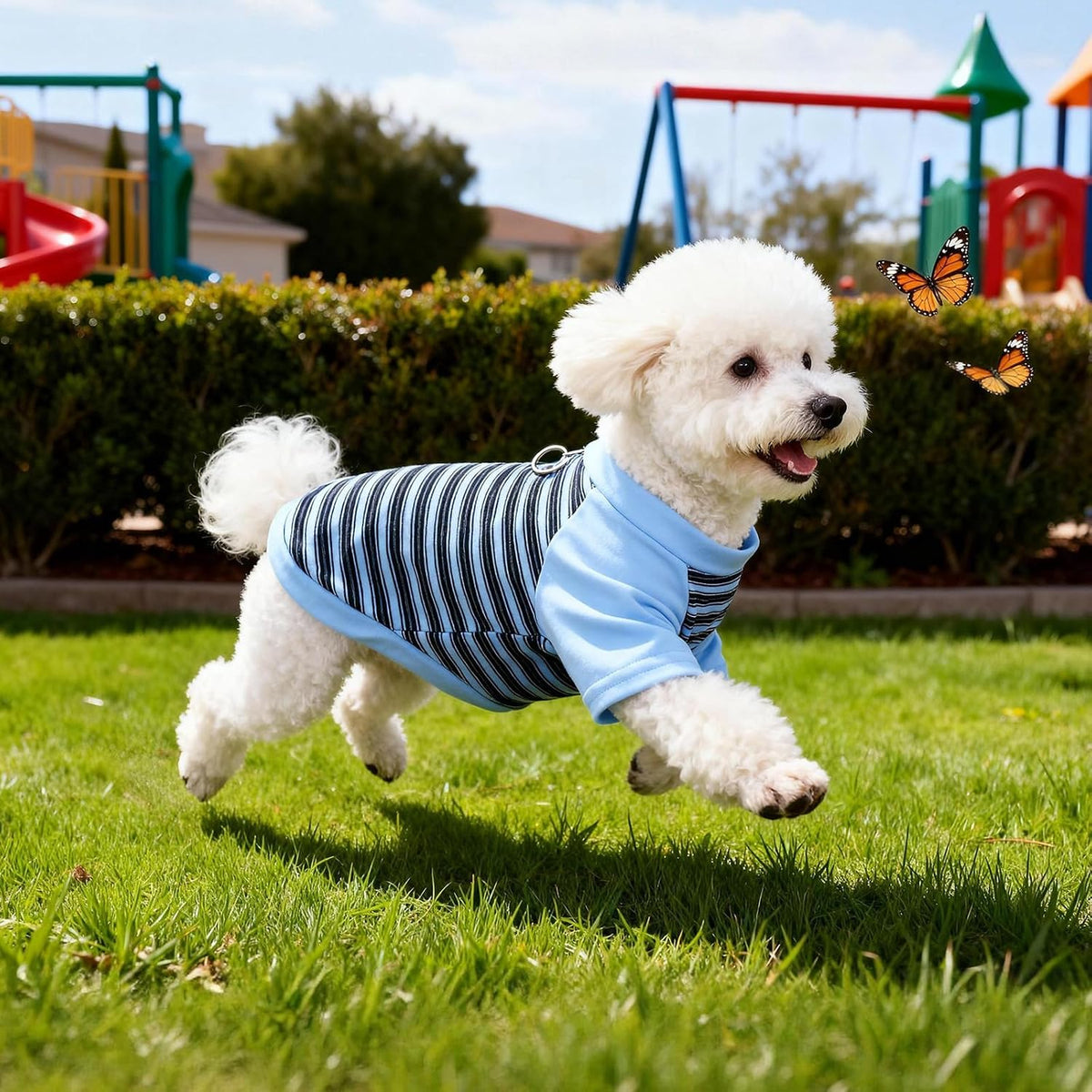 Small dog wearing Pistha blue striped t-shirt