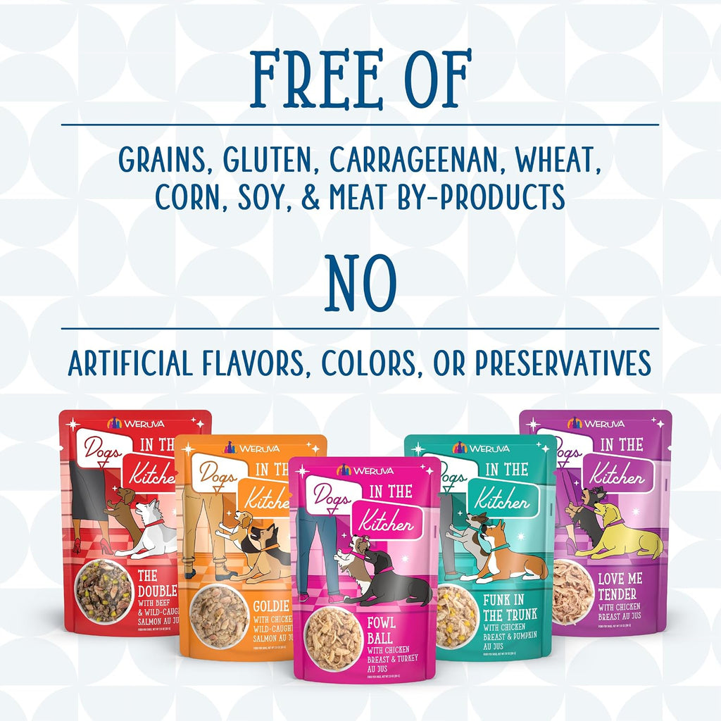 Back of Weruva dog food pouch showing ingredient list and nutritional info
