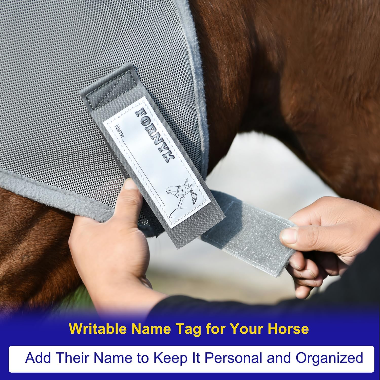 Close up of Fornyk fly mask writable name tag feature