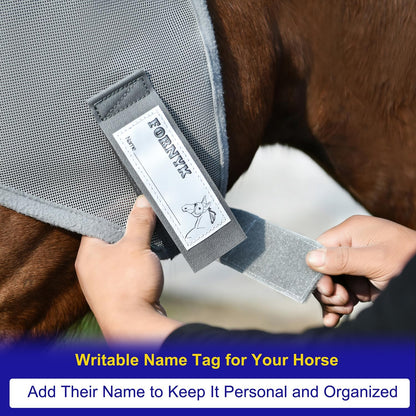 Close up of Fornyk fly mask writable name tag feature