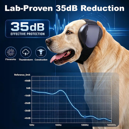 Petvolve canine hearing protection earmuffs emphasizing the comfortable hook-and-loop adjustment mechanism.