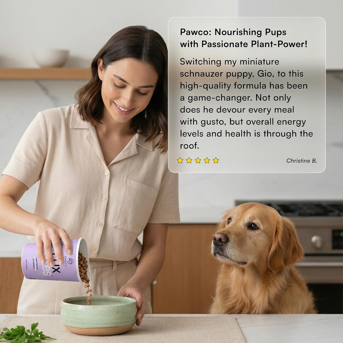 Close up of PawCo GreenBites plant-based dog food texture and ingredients