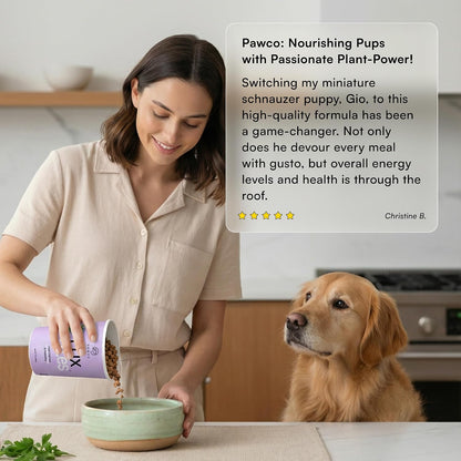 Close up of PawCo GreenBites plant-based dog food texture and ingredients