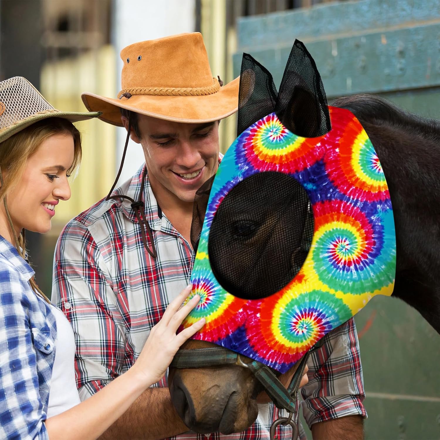 Detailed view of elastic horse mask fabric quality