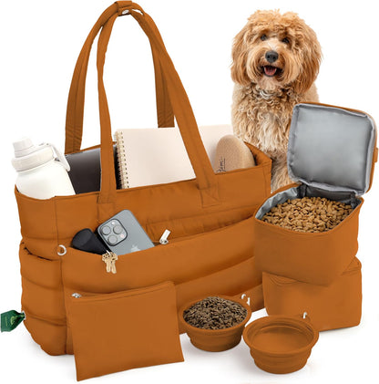 rubyloo Puffer Dog Travel Bag for Dog Moms - Doggy Diaper Bag with Pet Bowls & Food Storage or Everyday Puffy Tote - Doggy Mom Gifts for Women - Lightweight, Travel-Ready Gift for Pet Lovers - Beige - Image 11