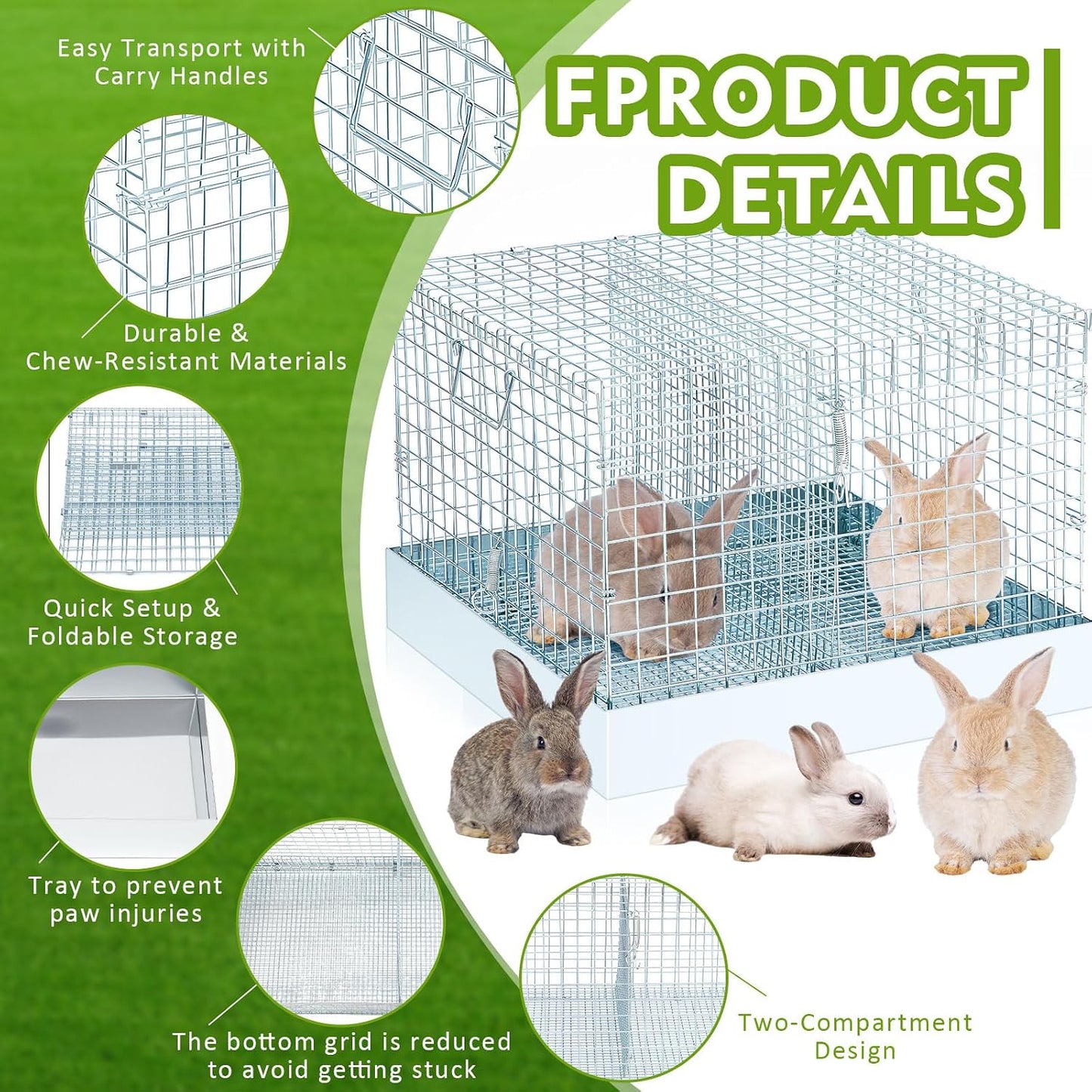DoubleFill 2 Hole Foldable Rabbit Transport Cage, 18 x 18 x 14 in Portable Metal Bunny Carrier with Tray & Handles for Travel Temporary, Small Animal Cage for Guinea Pigs Hamster Indoor Outdoor - Image 3
