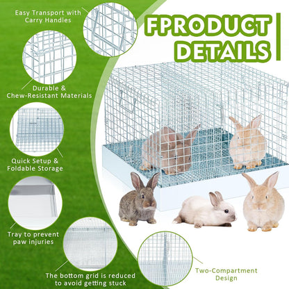 DoubleFill 2 Hole Foldable Rabbit Transport Cage, 18 x 18 x 14 in Portable Metal Bunny Carrier with Tray & Handles for Travel Temporary, Small Animal Cage for Guinea Pigs Hamster Indoor Outdoor - Image 3