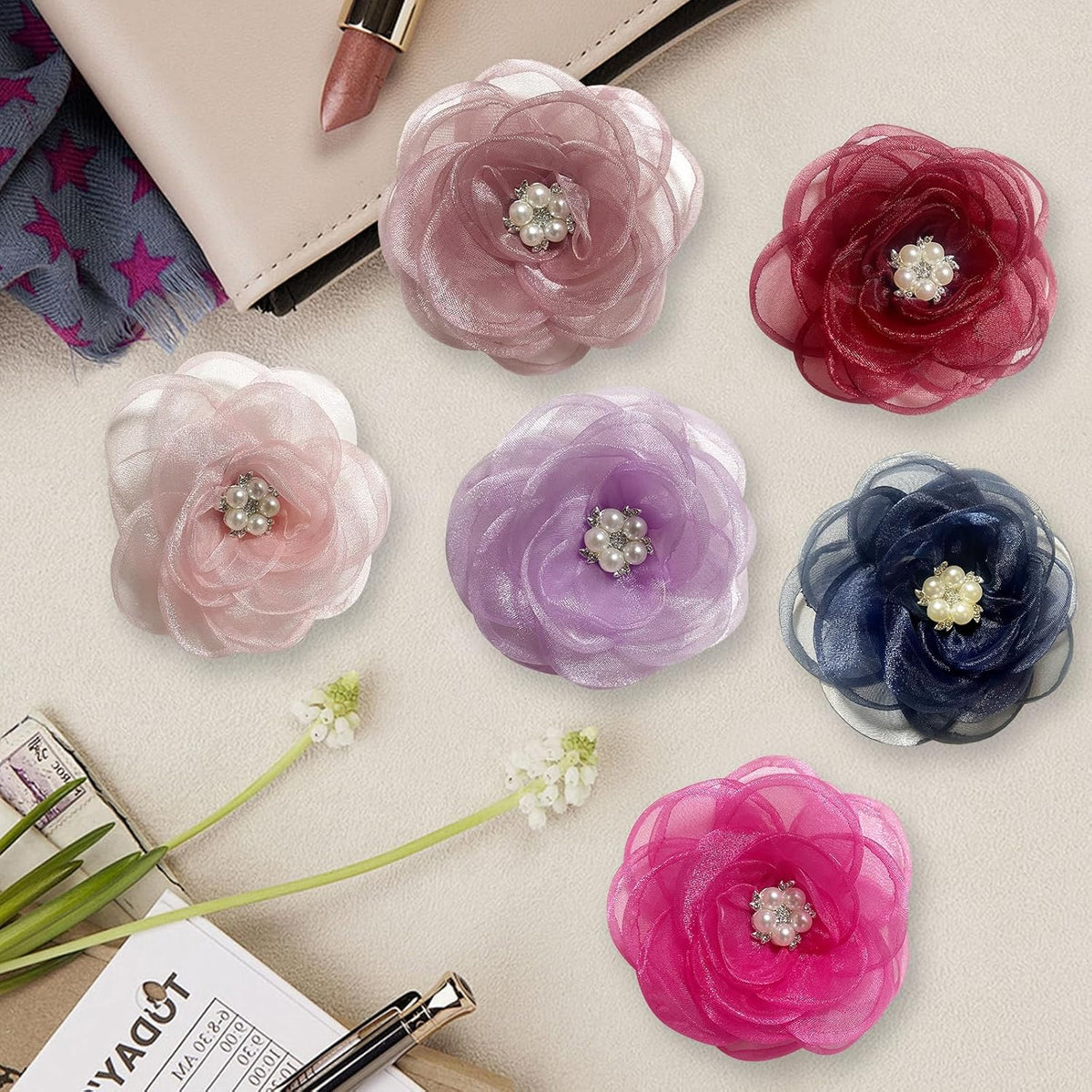 UBQUBQ floral pet collar charms with elegant faux pearl and rhinestone center details