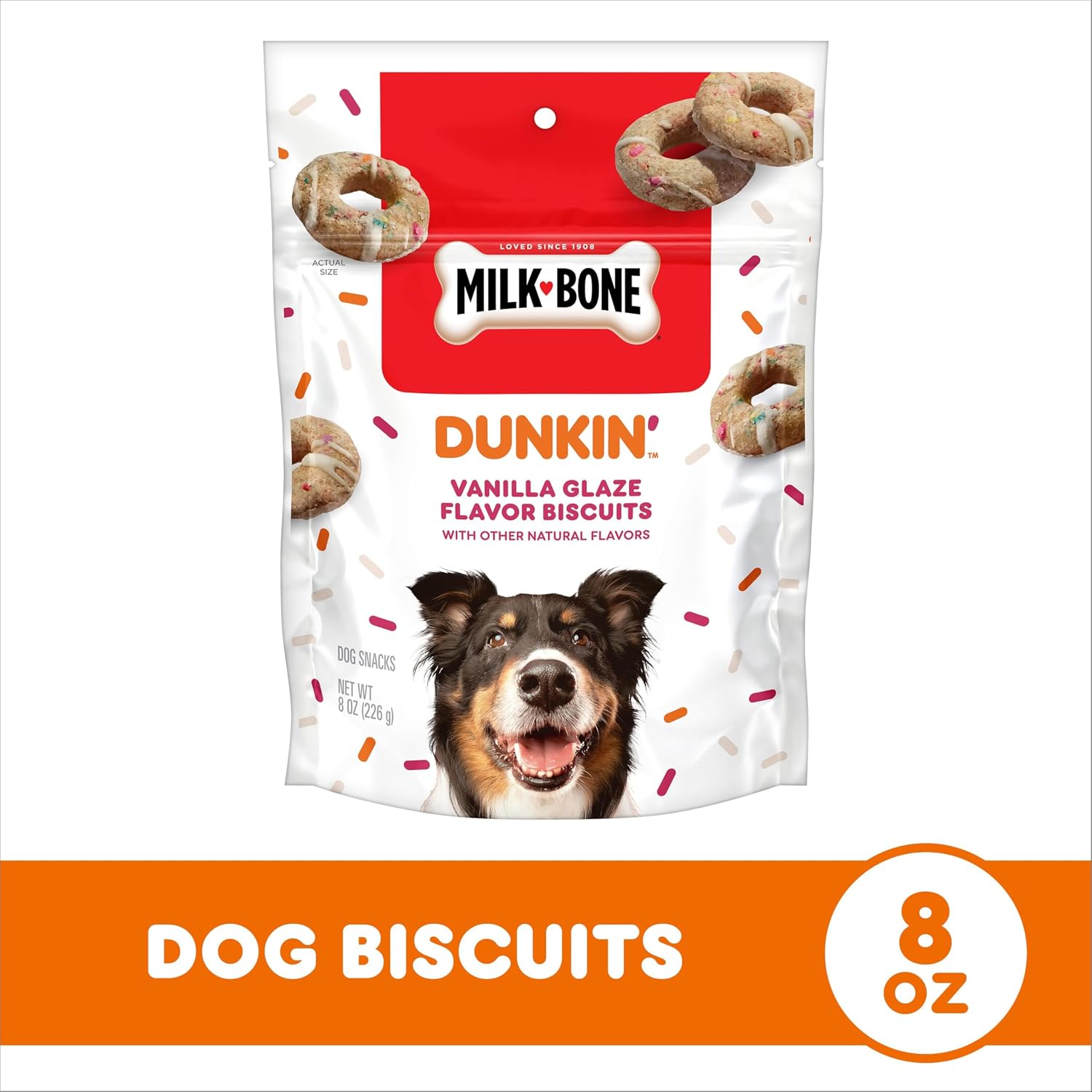 Milk-Bone donut inspired dog biscuits with vanilla yogurt coating and colorful sprinkles