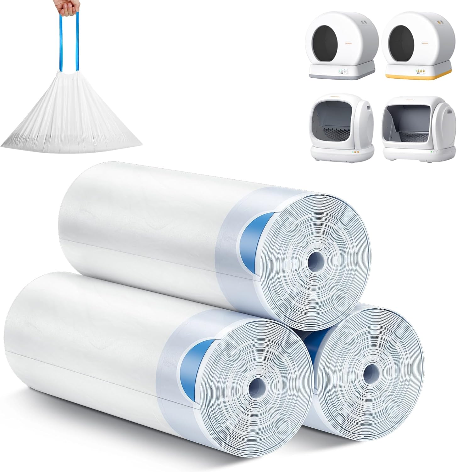 MeoWant Cat Litter Box Liner 60 pack front view of packaging rolls for automatic pet waste bins