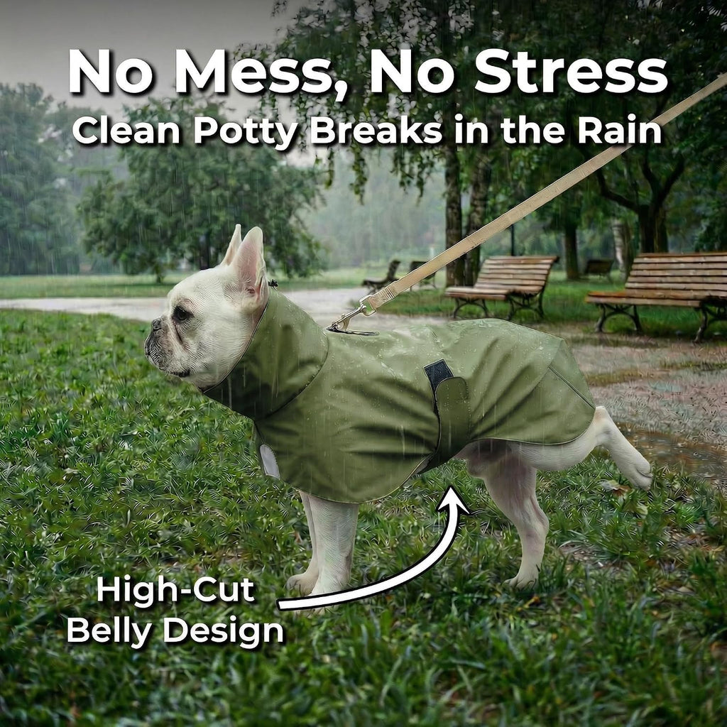 SKIPGEAR premium polyurethane dog coat side profile view in wet weather outdoor conditions