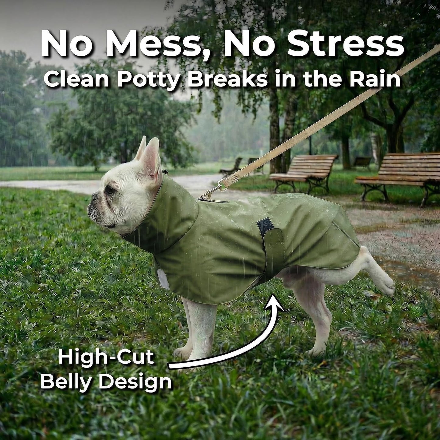 SKIPGEAR premium polyurethane dog coat side profile view in wet weather outdoor conditions