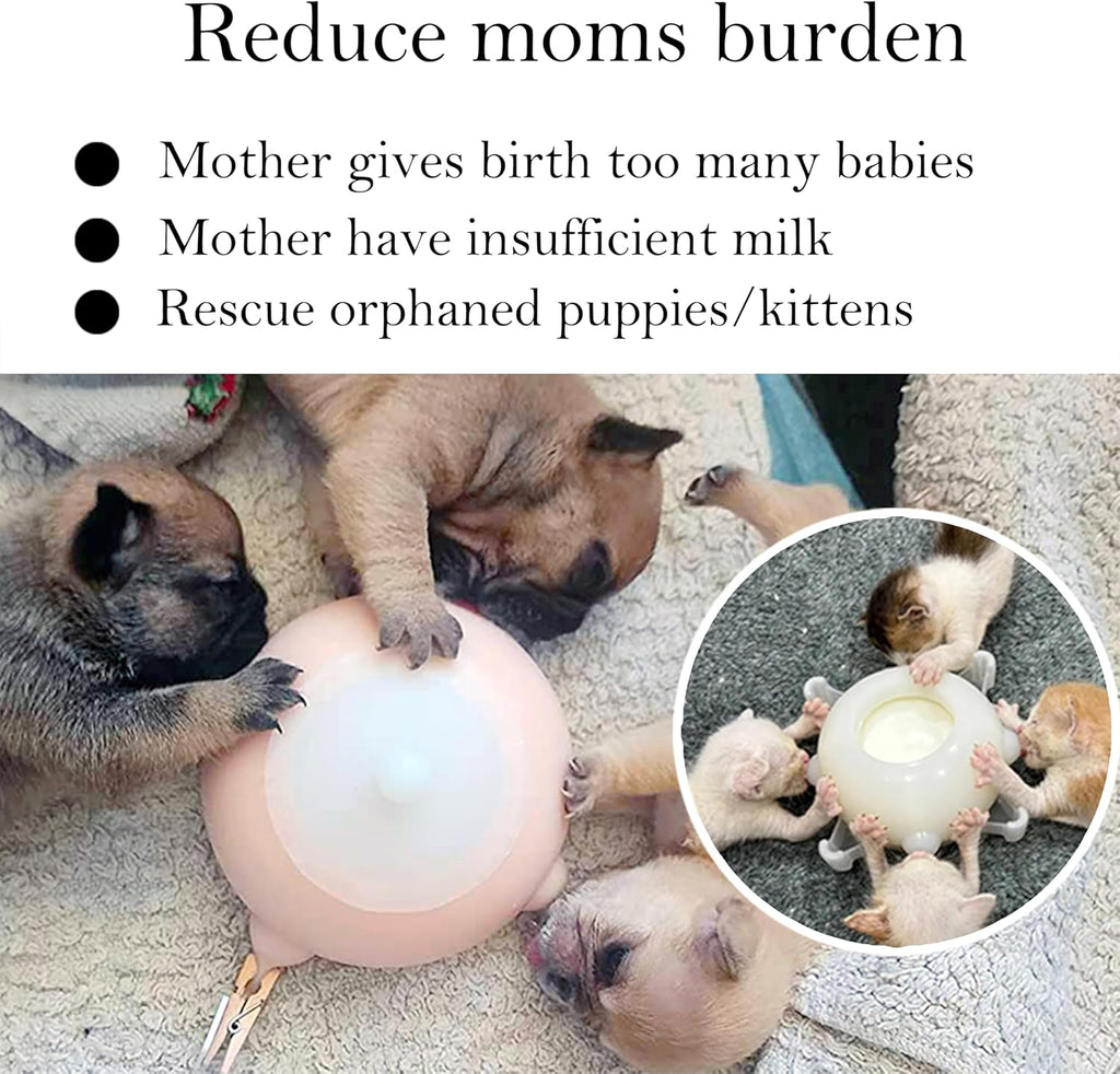 Pink silicone bubble milk bowl with four nipples for multiple puppies.