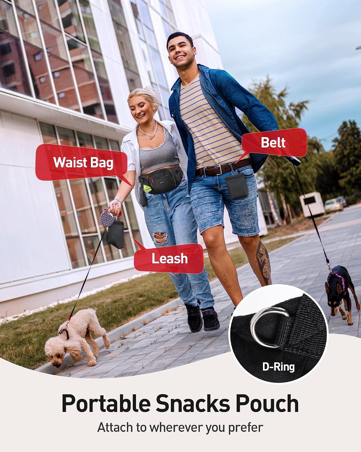AGPTEK premium pet walking pouch focusing on the built in dedicated compartment for the poop bag dispenser slot.