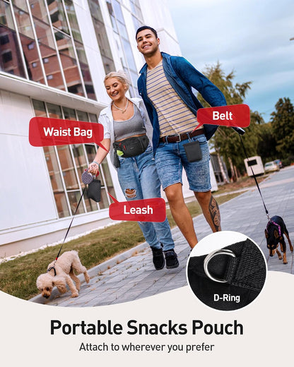 AGPTEK premium pet walking pouch focusing on the built in dedicated compartment for the poop bag dispenser slot.