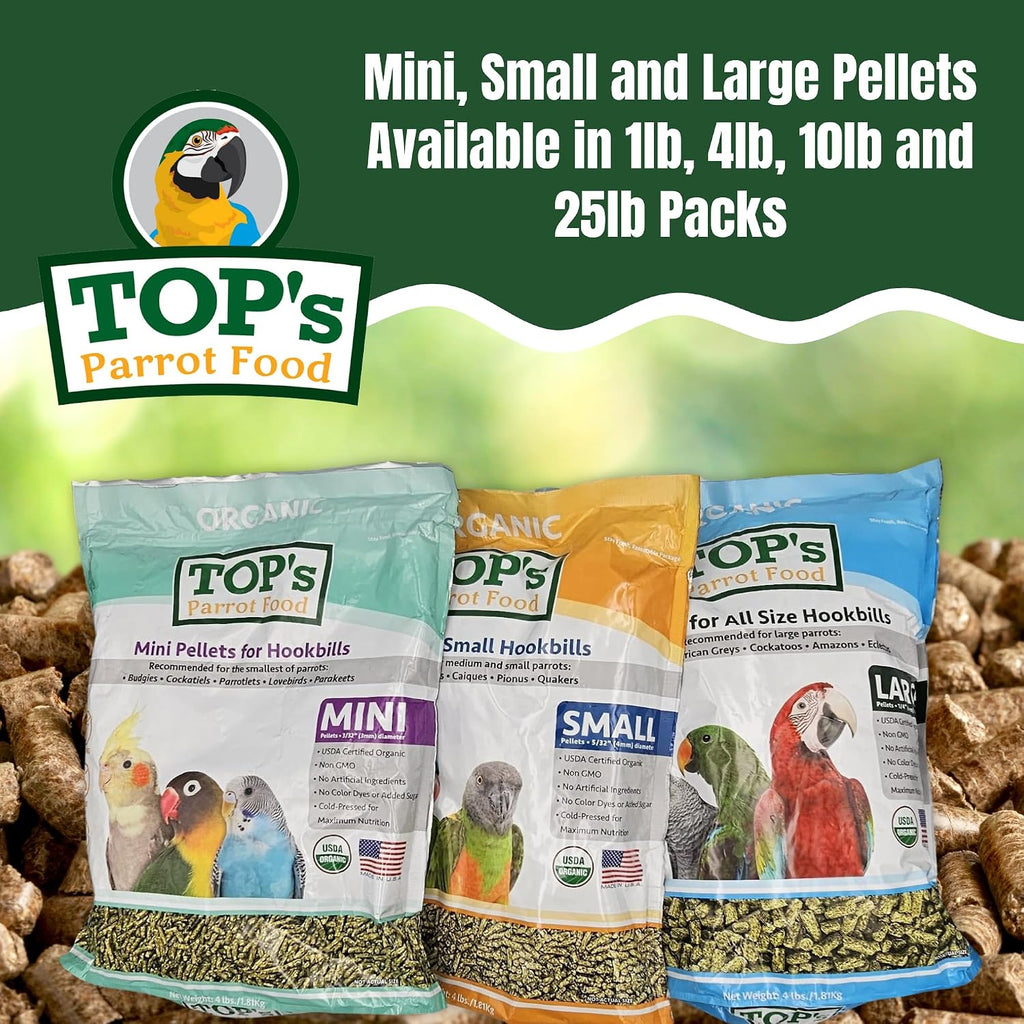 Back of TOP's Parrot Food package showing organic ingredients list.