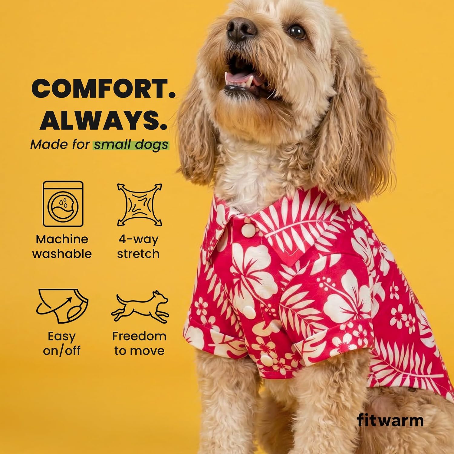 Back view of medium sized dog in Hawaiian pet clothing