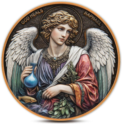 Vitoleo Archangel Raphael healing prayer coin front view showing full color design