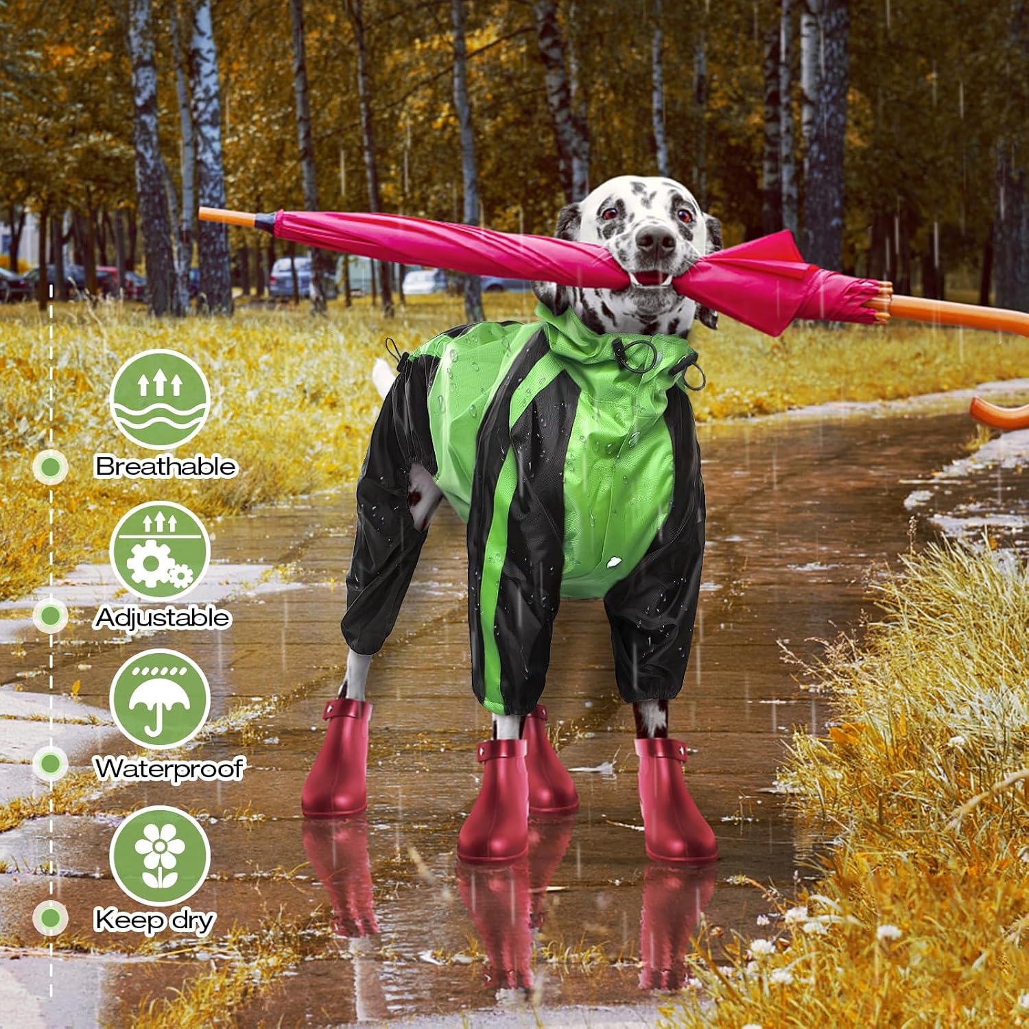 Snow proof dog vest rainwear showing the convenient leash hole attachment.