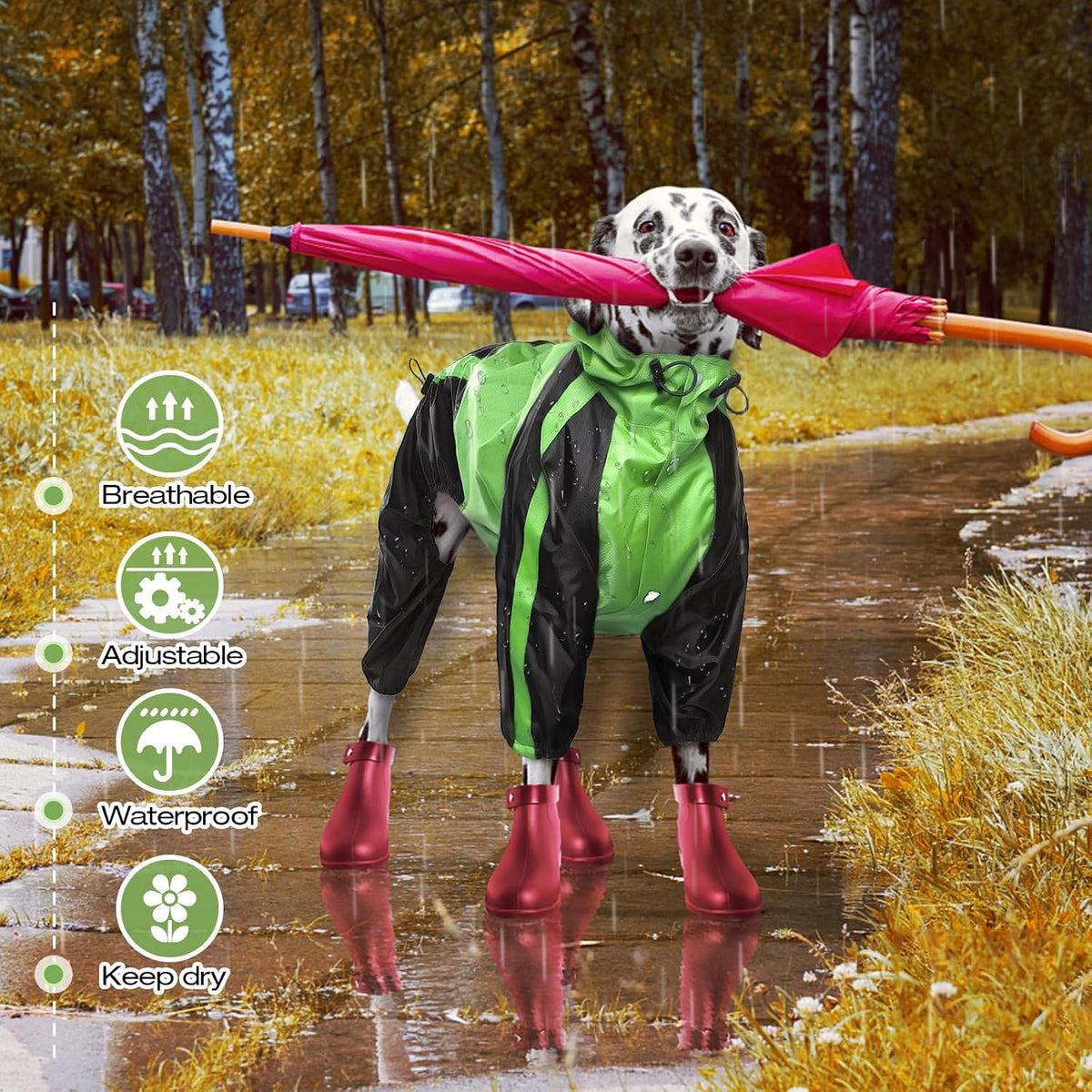 Snow proof dog vest rainwear showing the convenient leash hole attachment.
