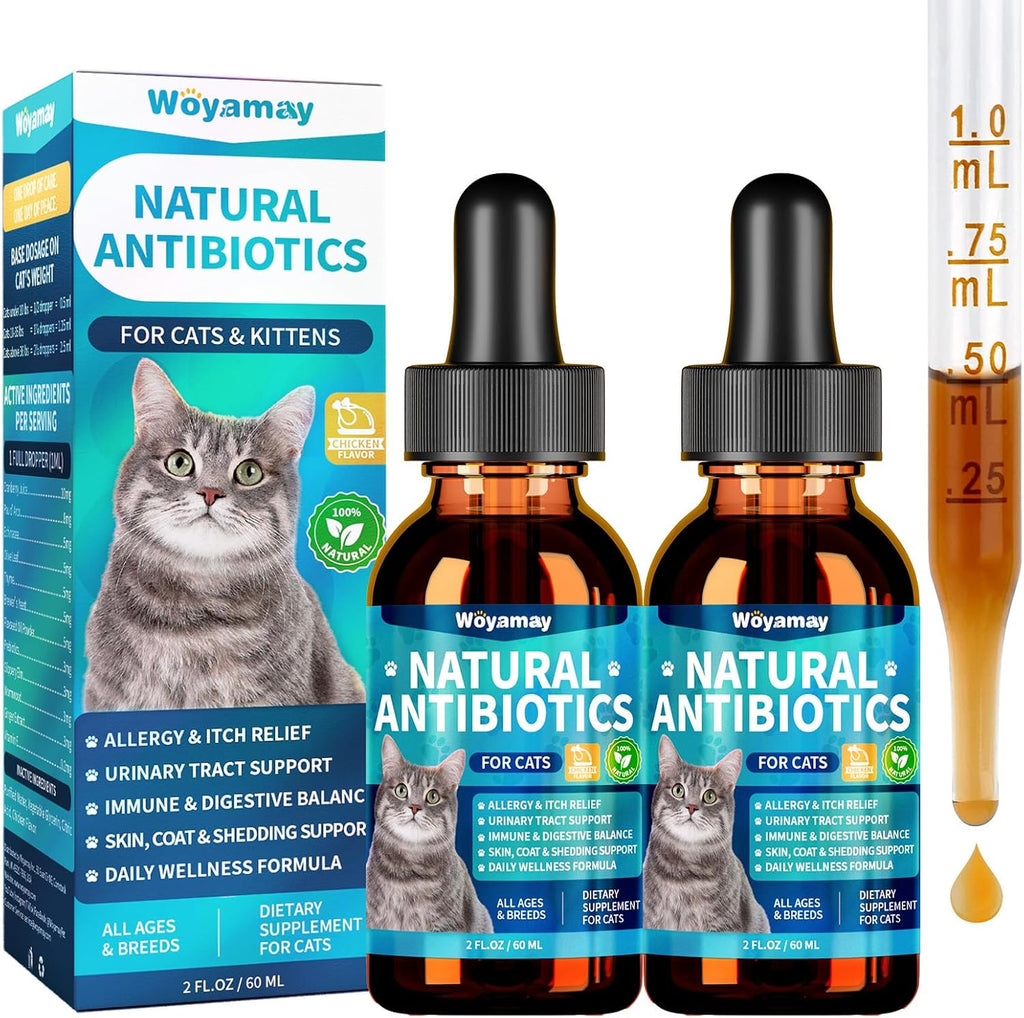 Woyamay Natural Antibiotics for Cats front view bottle of immune support liquid supplement.