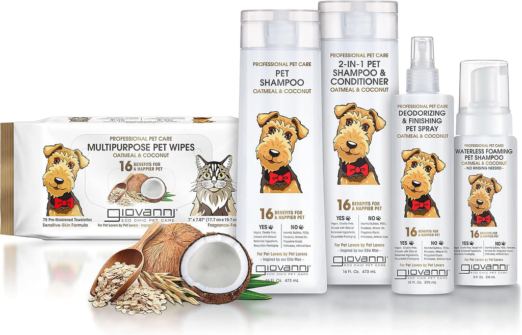 Back of Giovanni pet grooming spray bottle showing directions and safety information.