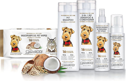Back of Giovanni pet grooming spray bottle showing directions and safety information.