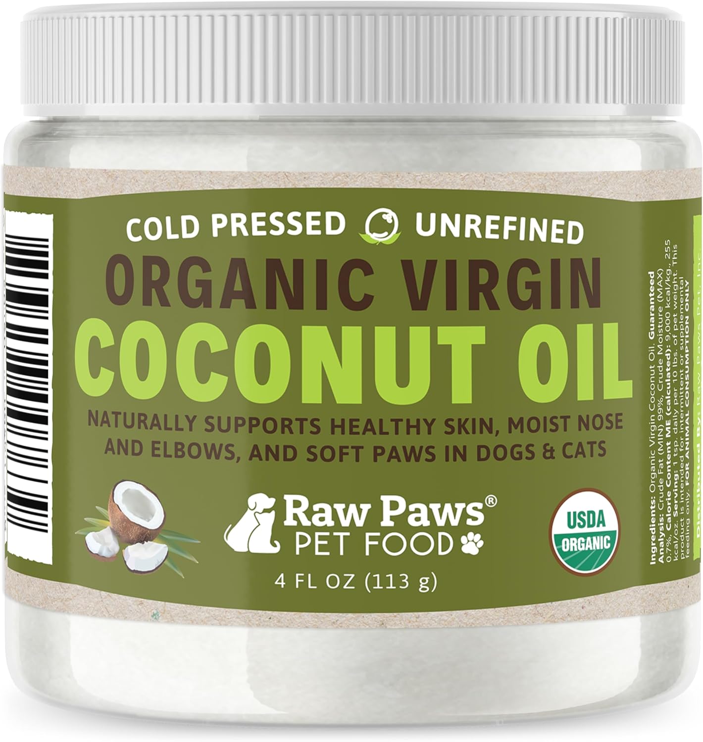Raw Paws Virgin Organic Coconut Oil for Dogs and Cats 4 Ounce jar front view showing the product label