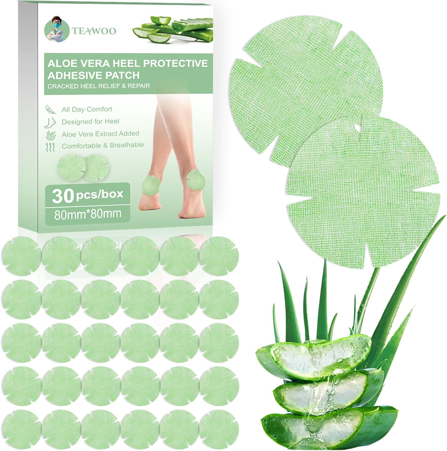TEAWOO Aloe Vera Cracked Heel Treatment Patches front view packaging for foot repair.