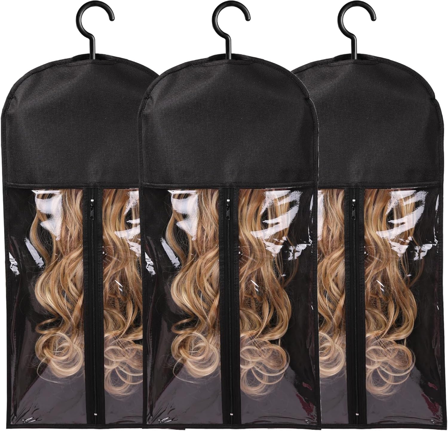 AIHOPESTO 3Piece Wig Storage Bags front view showing transparent panel and black nonwoven border with enclosed long hair extension.