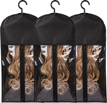 AIHOPESTO 3Piece Wig Storage Bags front view showing transparent panel and black nonwoven border with enclosed long hair extension.
