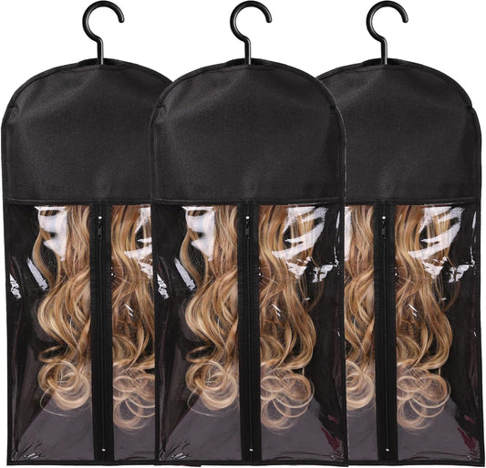 AIHOPESTO 3Piece Wig Storage Bags front view showing transparent panel and black nonwoven border with enclosed long hair extension.