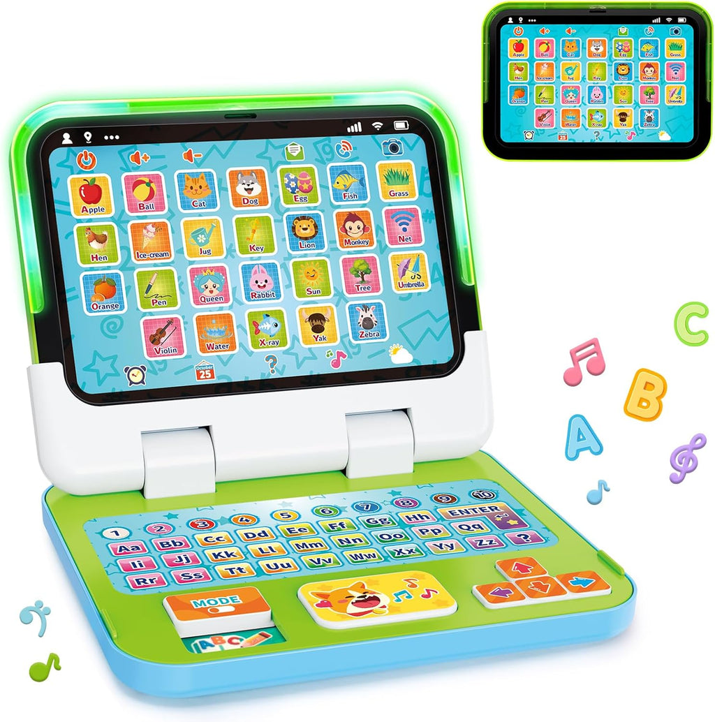 GMAOPHY kids learning laptop front view showing green detachable tablet screen and educational keyboard