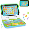 GMAOPHY kids learning laptop front view showing green detachable tablet screen and educational keyboard