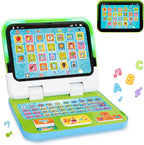 GMAOPHY kids learning laptop front view showing green detachable tablet screen and educational keyboard
