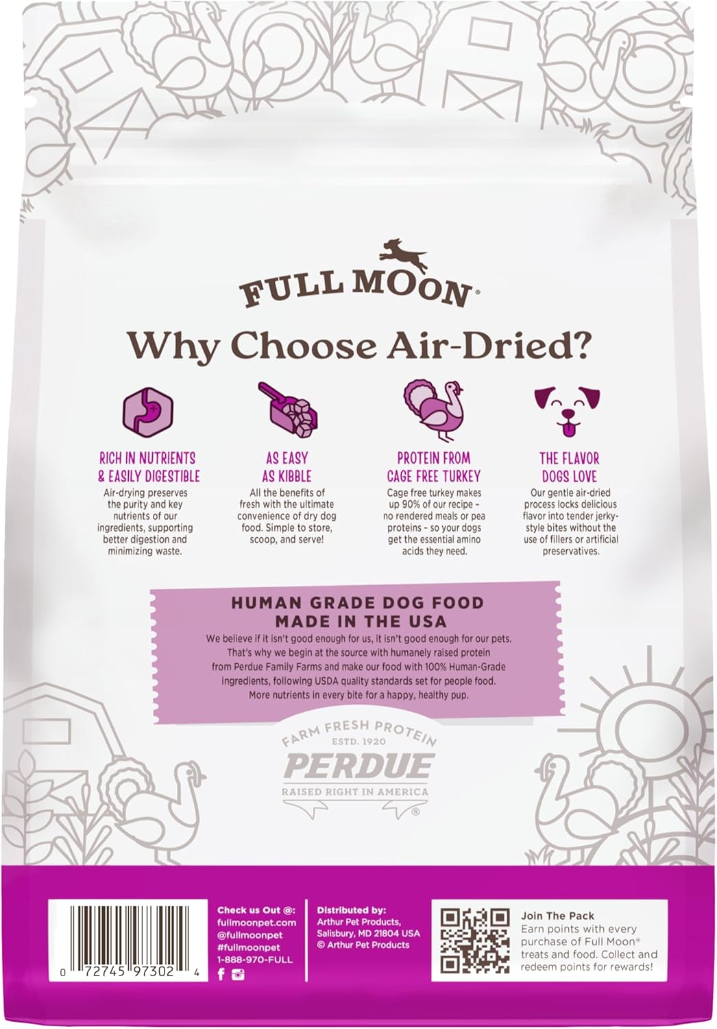 Full Moon Homestead Turkey air dried dog food bag showing 90 percent turkey recipe callout.