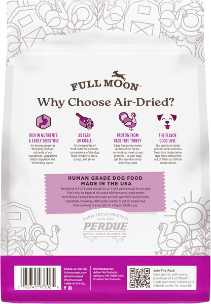 Full Moon Homestead Turkey air dried dog food bag showing 90 percent turkey recipe callout.