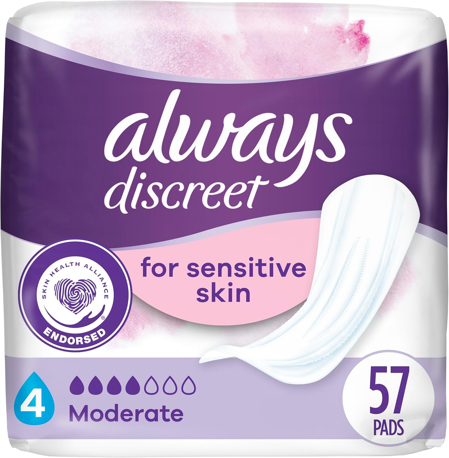 Always Discreet Incontinence Pads 57 Count packaging front view showcasing sensitive skin moderate absorbency labels