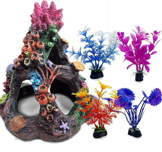 Pinvnby aquarium coral reef decor front view colorful resin mountain cave for small fish tanks