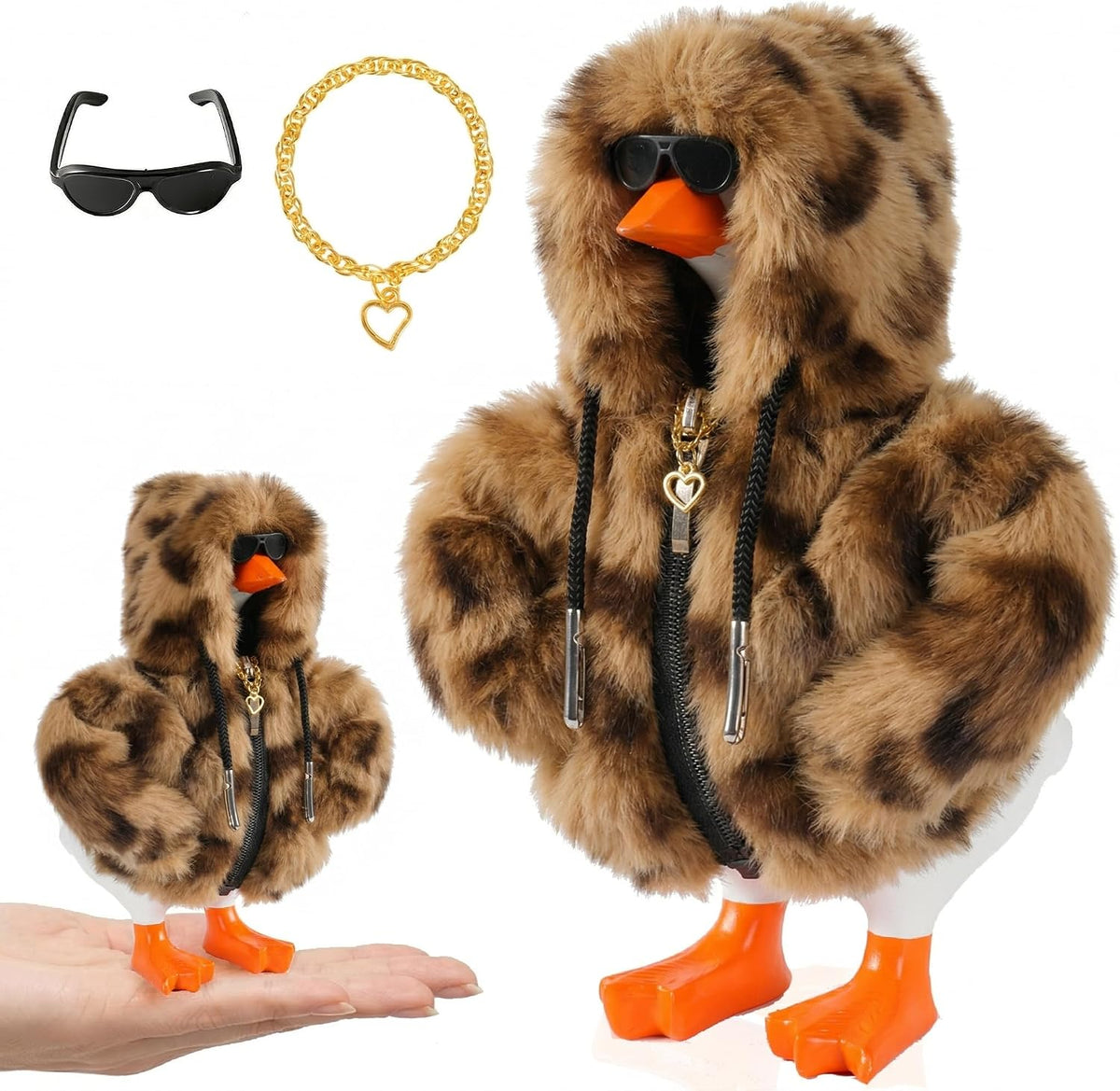 Linastu desk goose outfits plush hoodie set front view on magnetic statue