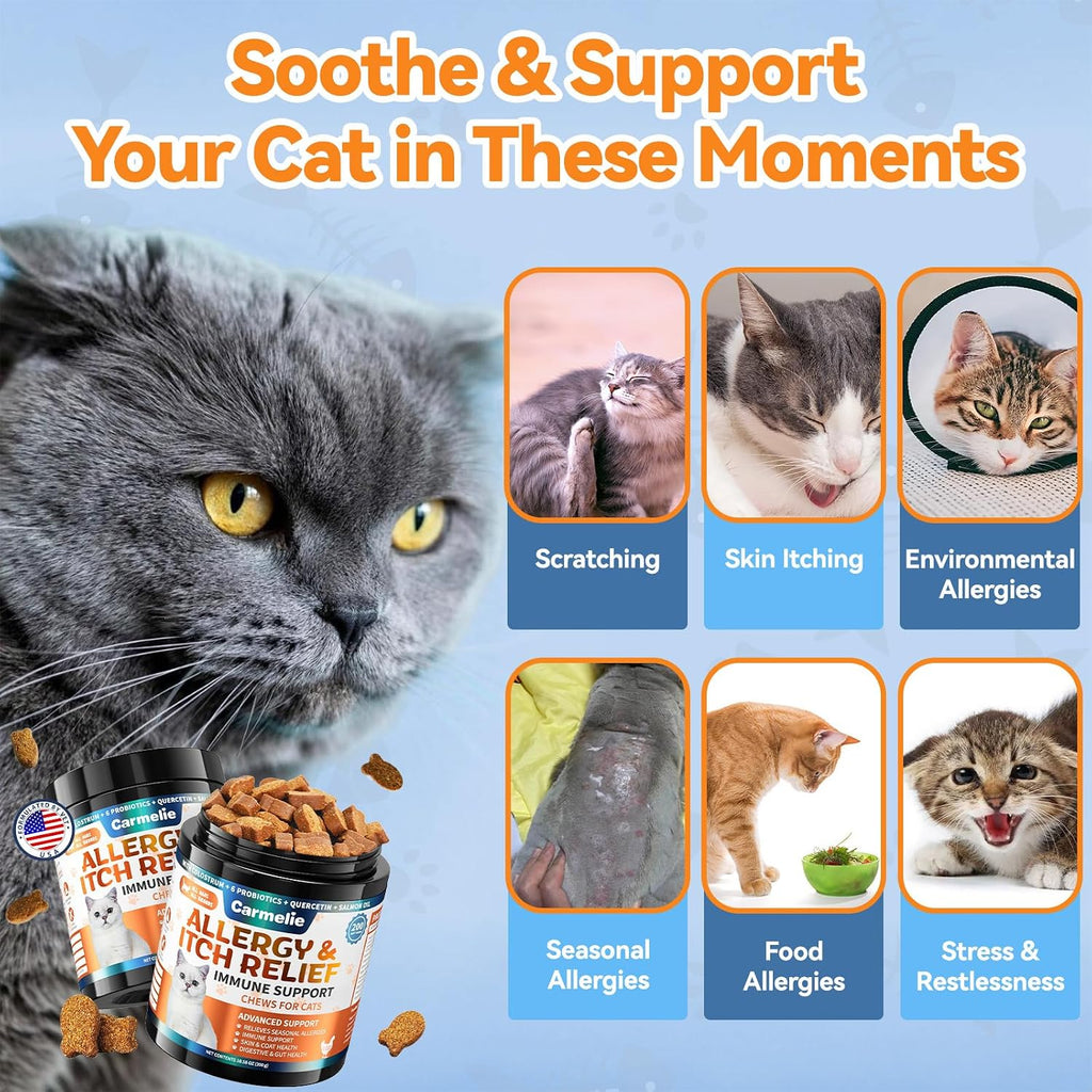 Back label view of Carmelie feline seasonal allergy chews showing directions.