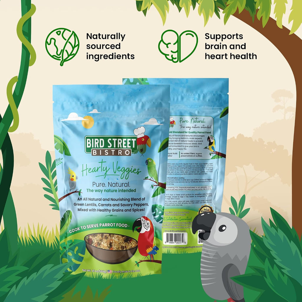 Small parakeet eating natural gourmet bird food blend