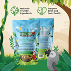 Small parakeet eating natural gourmet bird food blend