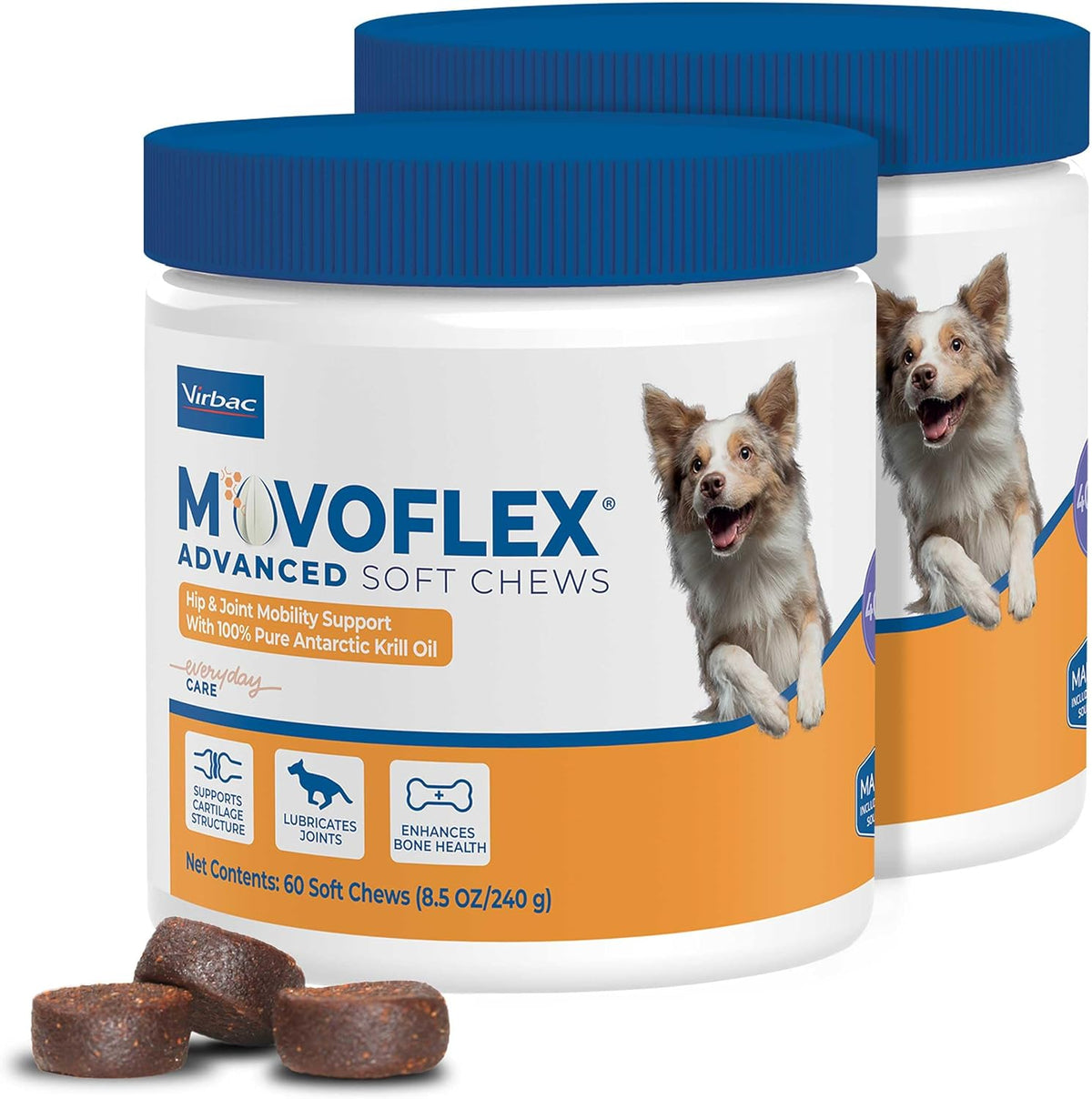 Authentic imported MovoFlex advanced canine joint supplement product photography.
