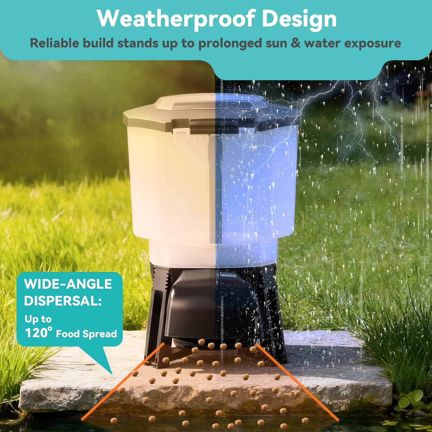 Dehyteco solar powered outdoor fish food dispenser highlighting the top mounted solar panel.