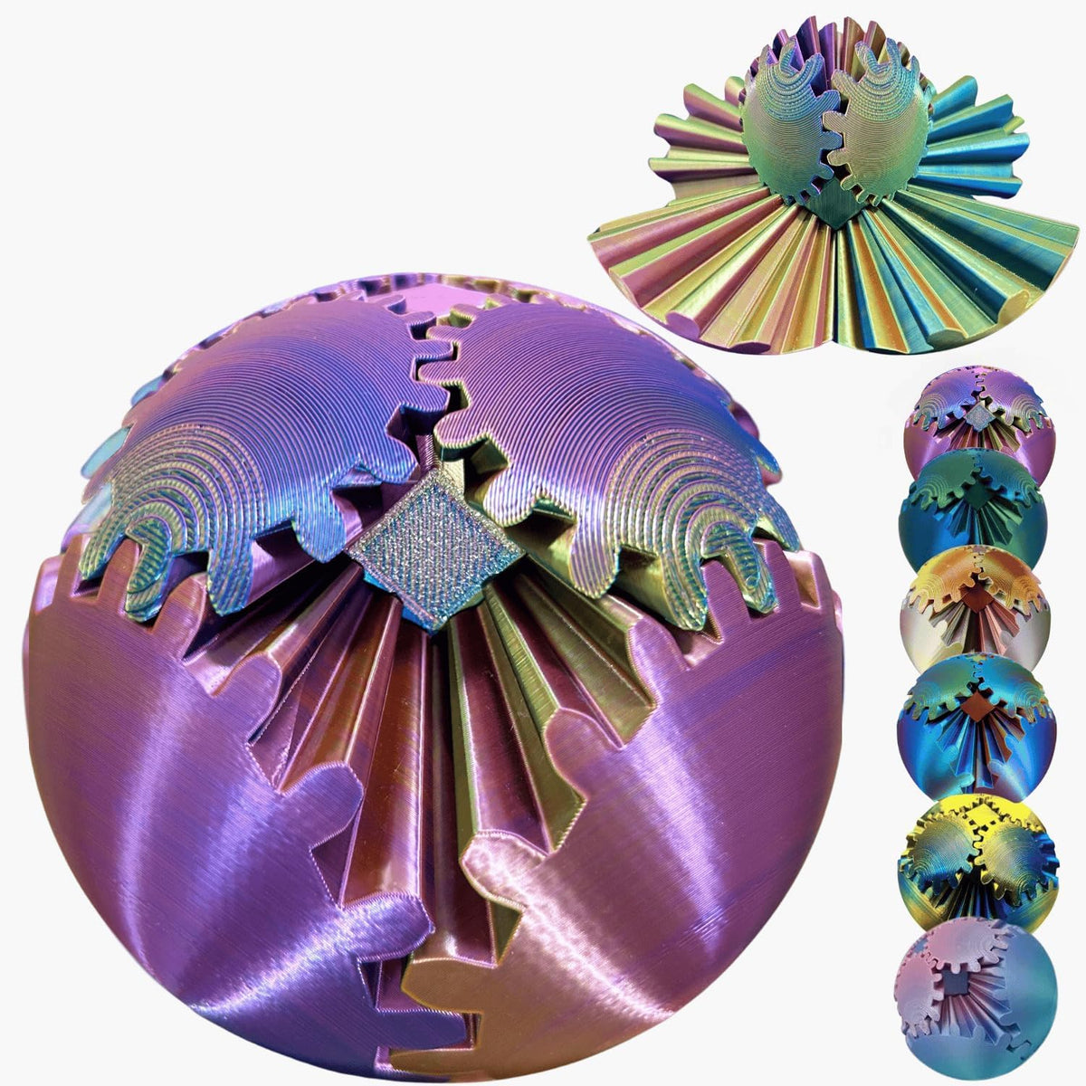 Ulthool Gear Ball 3D printed fidget toy front view showcasing the intricate laser purple blue interlocking gear design